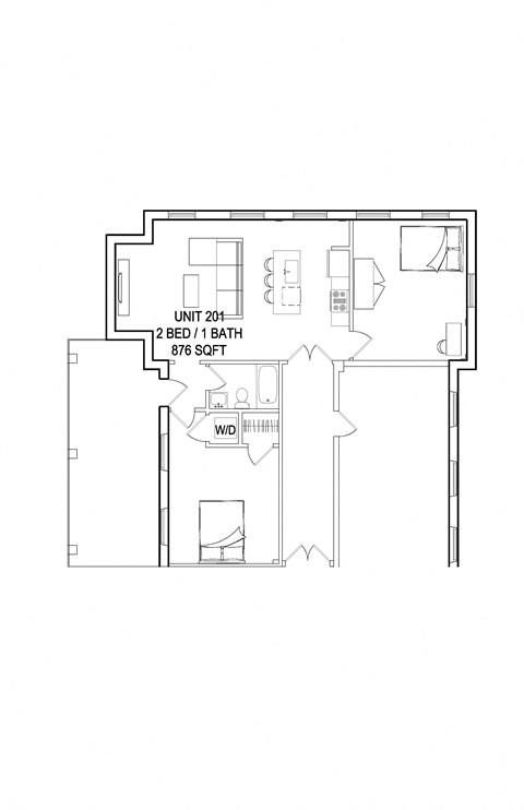 Floor plan for 2 beds, 1 bath, 876 sqft